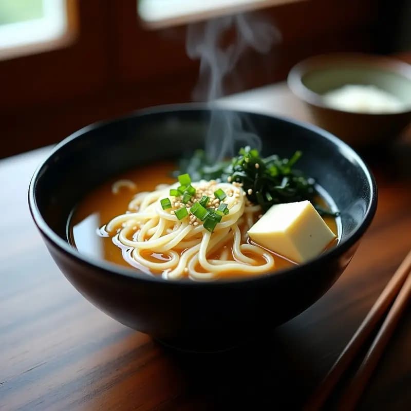 Cuenco negro de sopa de miso humeante con fideos de konnyaku translúcidos, tofu sedoso, algas wakame y semillas de sésamo, decorado con cebollino fresco.