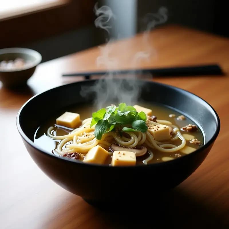 Cuenco hondo de cerámica negra con sopa de miso humeante, pasta konnyaku transparente, cubos de tofu, champiñones shiitake y algas wakame, decorado con cebolla verde y semillas de sésamo.
