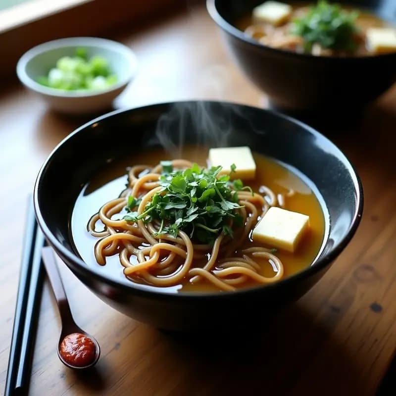 Cuenco negro de cerámica japonés con sopa de miso humeante, fideos soba, algas wakame verdes, tofu en cubos y semillas de sésamo, servida sobre una mesa de madera rústica.