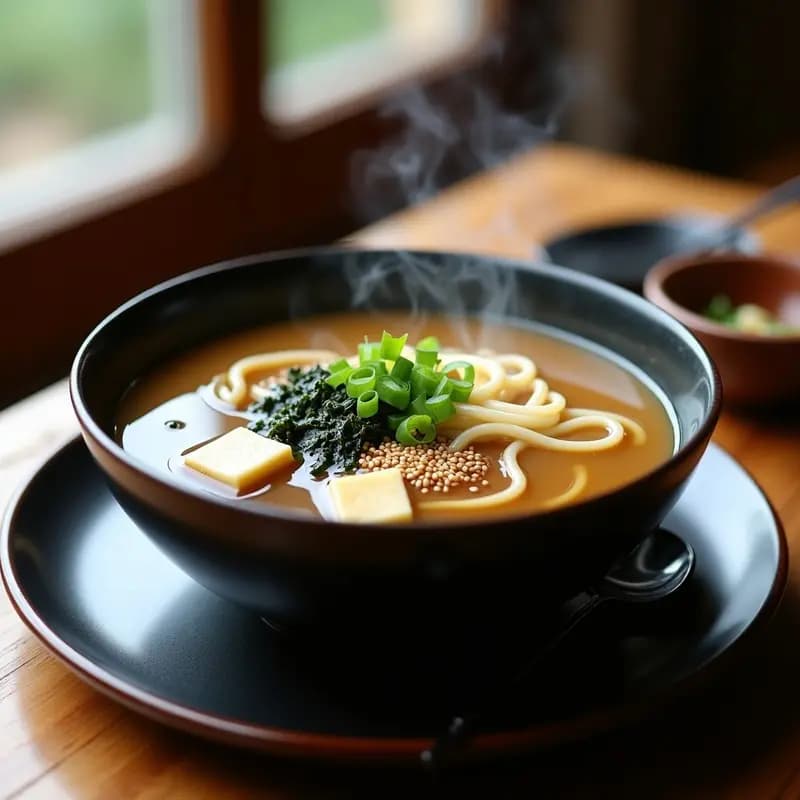 Cuenco hondo de cerámica negra con sopa de miso humeante, pasta udon keto, tofu, algas wakame y cebolla verde, decorado con semillas de sésamo y aceite de sésamo.