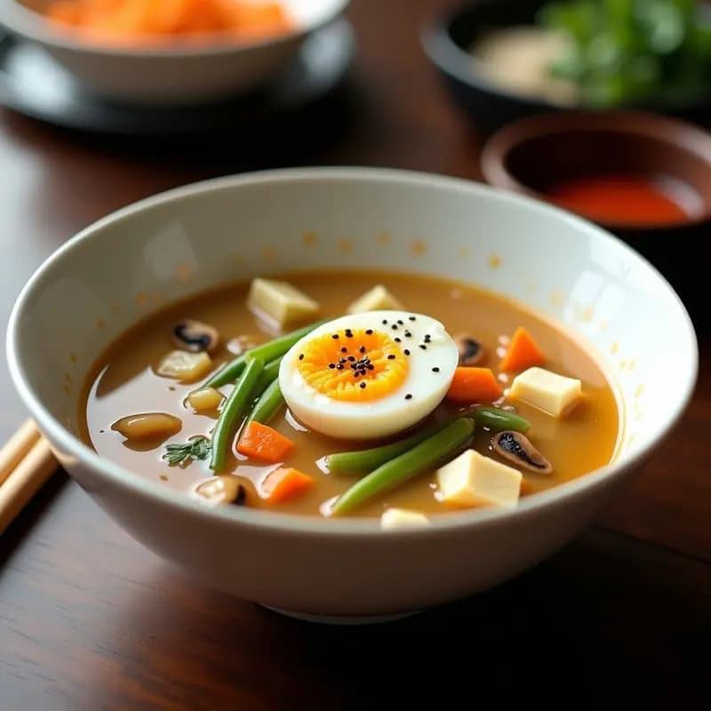 Cuenco hondo de cerámica blanca con sopa de miso cremosa, trozos de tofu, cebolla verde, zanahoria y champiñones, coronada con huevo blando y semillas de sésamo. Receta de sopa de miso con pastel de tahini.