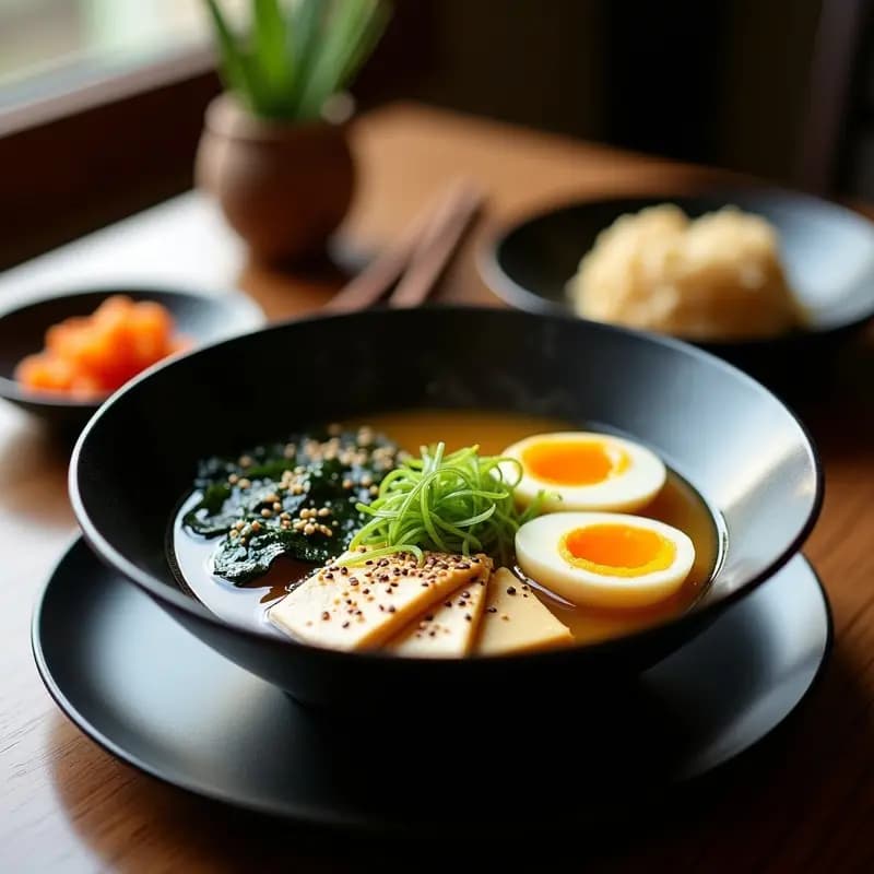 Cuenco negro de cerámica con sopa de miso pasteurizada humeante, fideos ramen, tofu sedoso, huevo marinado y algas wakame, sobre fondo de madera rústica.
