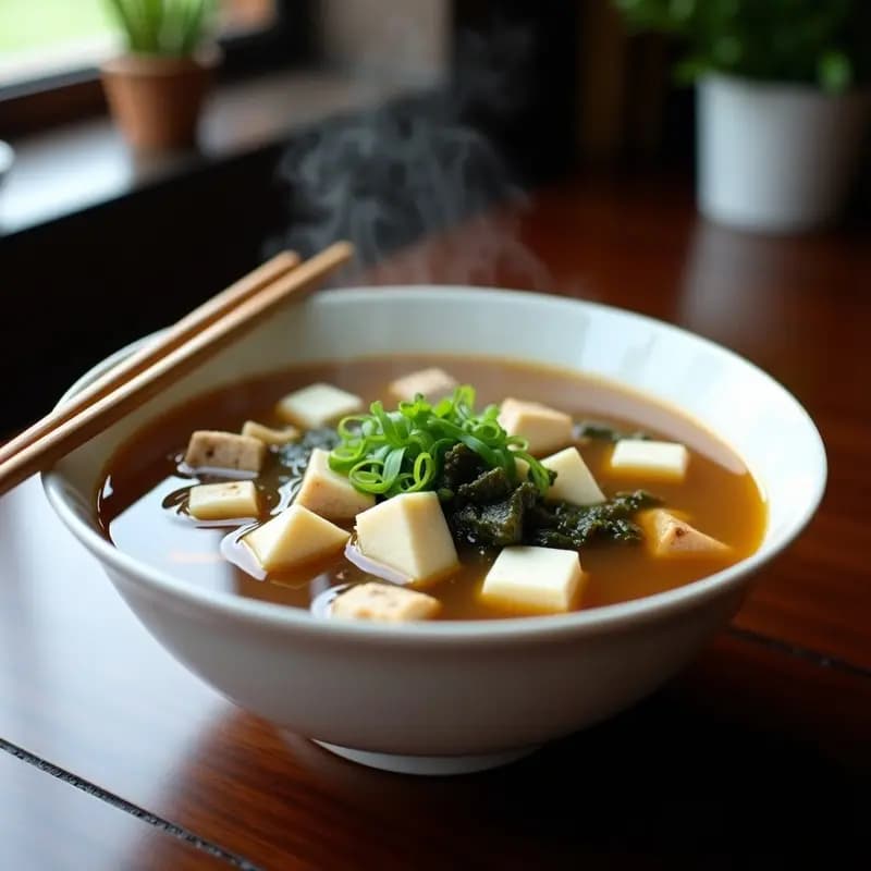 Cuenco de cerámica blanca con sopa de miso humeante, trozos de pechuga ahumada, tofu sedoso, algas wakame y cebolla verde, sobre fondo oscuro de madera.