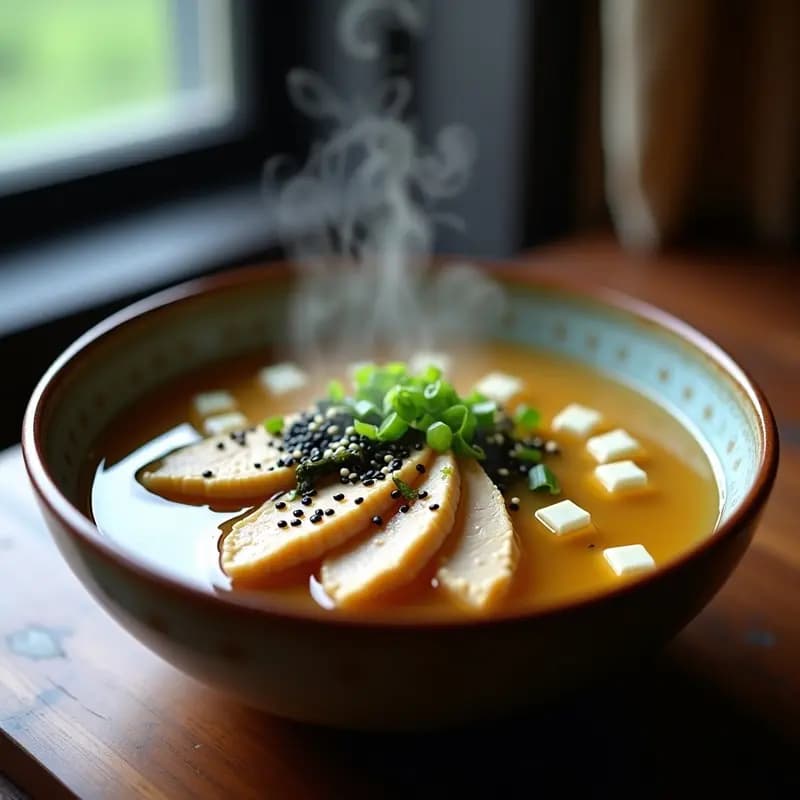 Cuenco de cerámica japonesa con sopa de miso humeante, trozos de pechuga de pollo, tofu sedoso, algas wakame y cebollino, decorado con semillas de sésamo y un hilo de aceite de sésamo tostado.