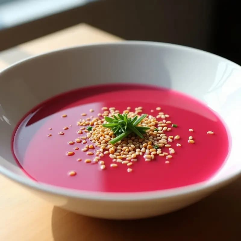 Cuenco de porcelana blanca con sopa de miso y remolacha fría, de color rosa vibrante, decorada con semillas de sésamo y cebollino picado, servida con hielo y un fondo de madera clara.