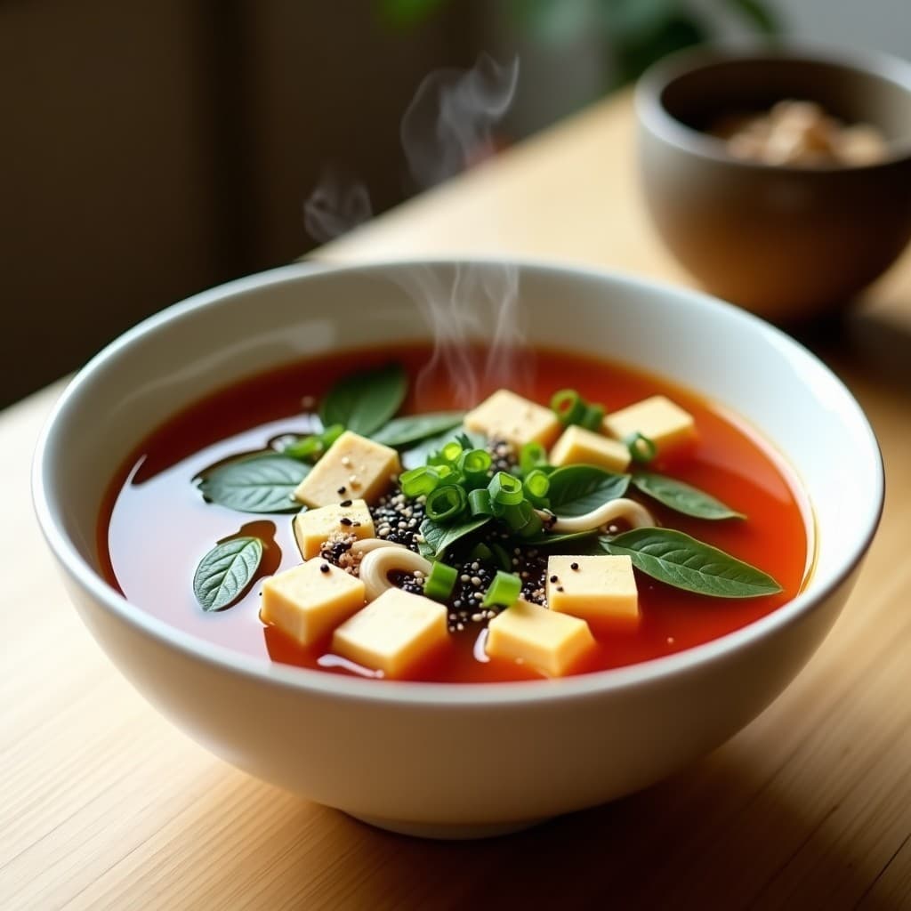 Tazón de cerámica blanca con sopa de miso rojo humeante, hongos enoki blancos alargados, espinacas baby verdes y trozos de tofu sedoso, decorada con semillas de sésamo negro y cebollino picado. Plato listo para llevar en tupper, fondo minimalista de madera clara.