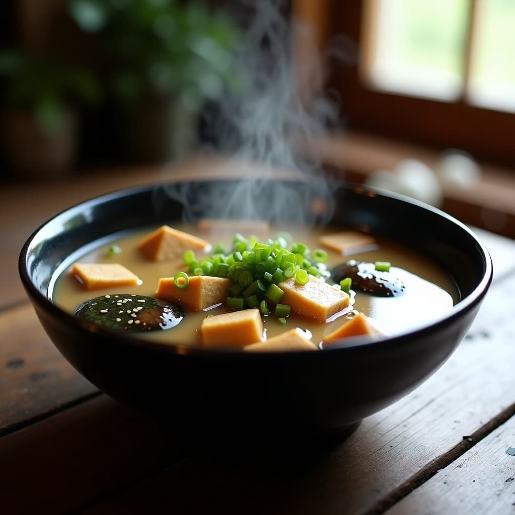 Cuenco de cerámica negra con sopa de miso humeante, setas shitake en láminas, tofu dorado y algas wakame, decorado con cebollino fresco y un hilo de aceite de sésamo sobre fondo de madera oscura.