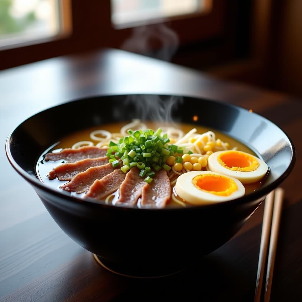 Cuenco hondo de cerámica negra con ramen de miso y ternera, caldo espeso con fideos, láminas de carne, huevo marronado, brotes de soja, maíz y cebollino. Receta auténtica japonesa.