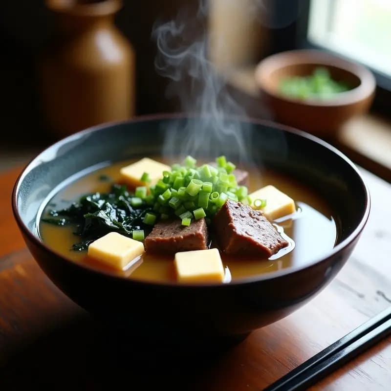 Bowl de cerámica negra con sopa de miso humeante, trozos de ternera, tofu sedoso, algas wakame y cebolla verde, servida sobre una mesa de madera rústica.