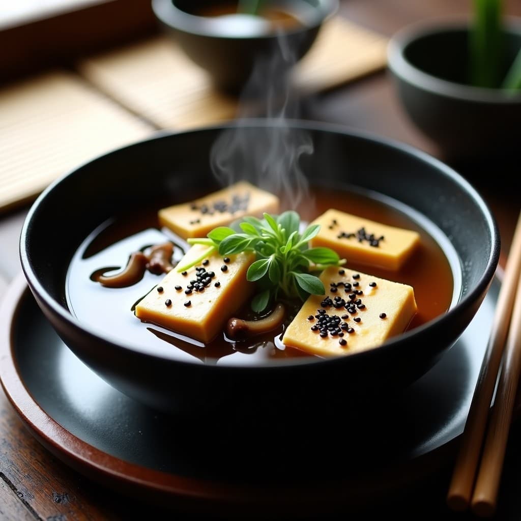 Cuenco de cerámica japonesa negro con sopa de misos humeante, tofu ahumado en cubos, champiñones shitake en láminas, semillas de sésamo negro y cebollino fresco. Plato tradicional japonés reconfortante y alto en proteína.