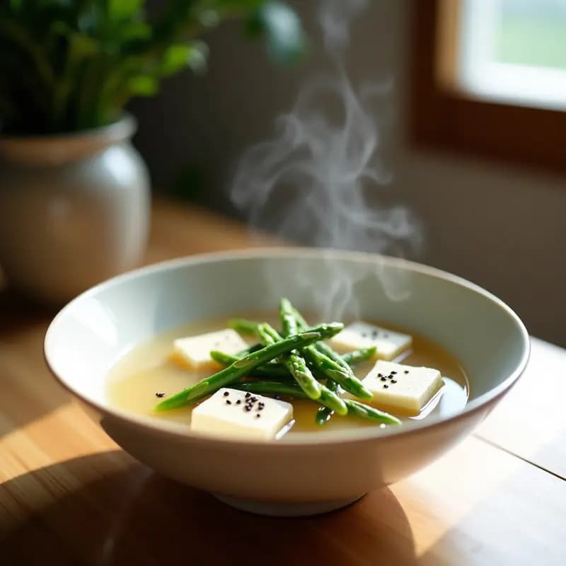 Cuenco de cerámica blanca con sopa de miso espumosa, cubos de tofu sedoso, bastones de espárragos nervios verdes, algas wakame y semillas de sésamo negro. Plato de fondo oscuro con hilo de aceite de sésamo y rodaja de limón al lado.