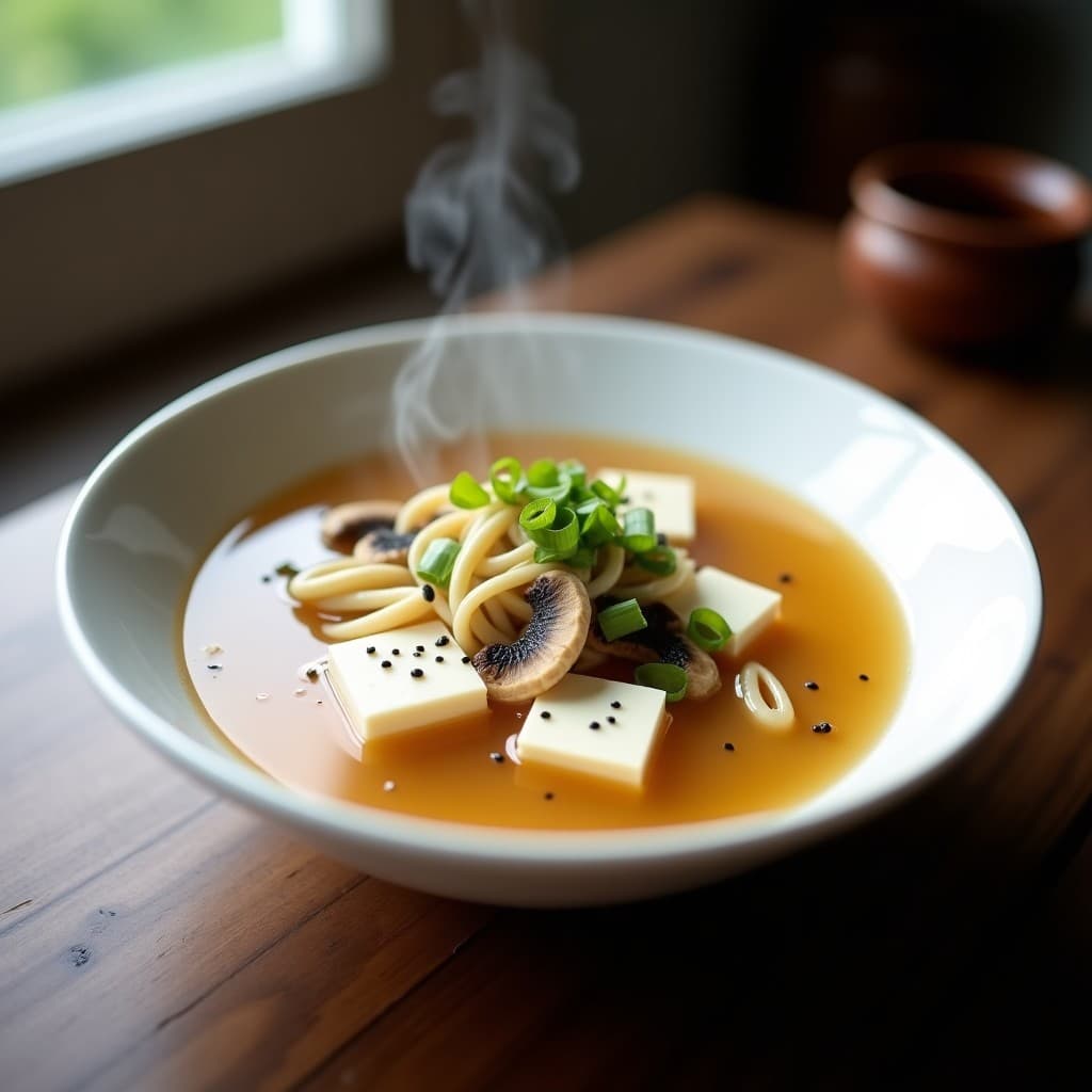 Cuenco de cerámica blanca con sopa de miso humeante, tofu sedoso en cubos, hongos enoki enteros y algas wakame, decorada con semillas de sésamo negro y cebollino picado sobre fondo de madera oscura.