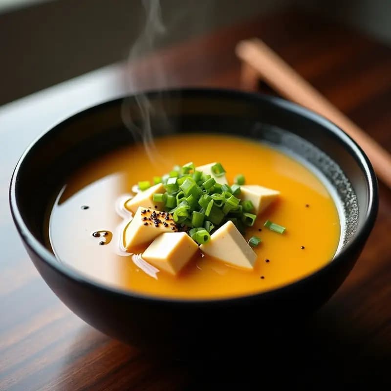 Bowl negro de sopa miso tonkotsu fusion con caldo dorado y espeso, trozos de tofu sedoso, cebollino picado y gotas de aceite de sésamo, sobre fondo de madera oscura.
