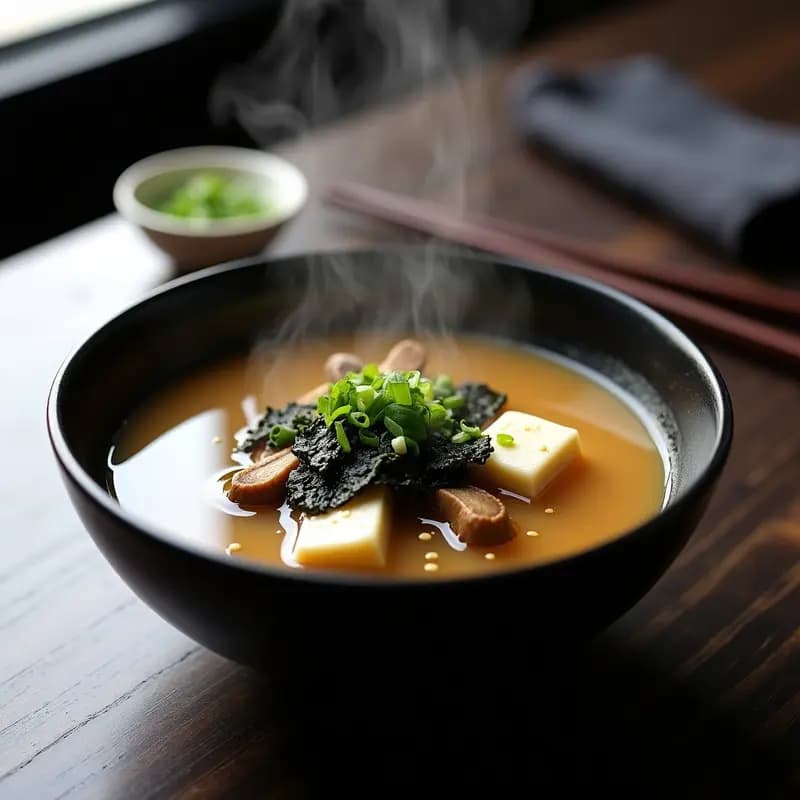 Cuenco de cerámica negra con sopa de miso humeante, trozos de tofu dorado, setas shiitake y algas wakame, decorado con cebollino fresco y un hilo de aceite de sésamo.