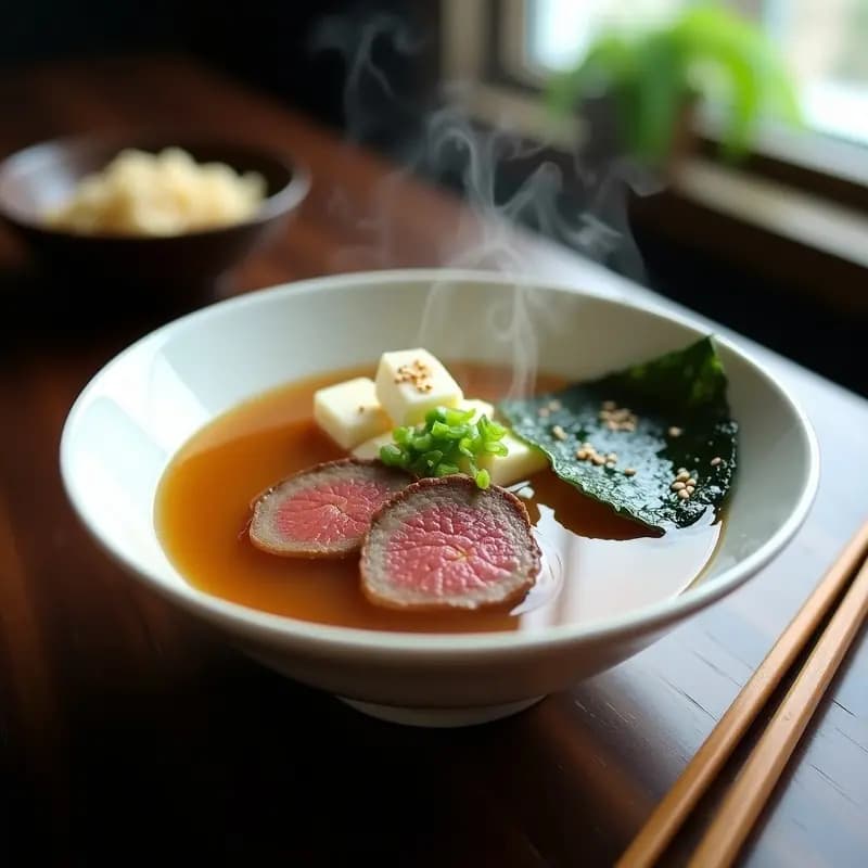 Cuenco hondo de cerámica blanca con sopa de miso humeante, trozos de veal asado, tofu sedoso, algas wakame y cebolla verde, decorado con semillas de sésamo.