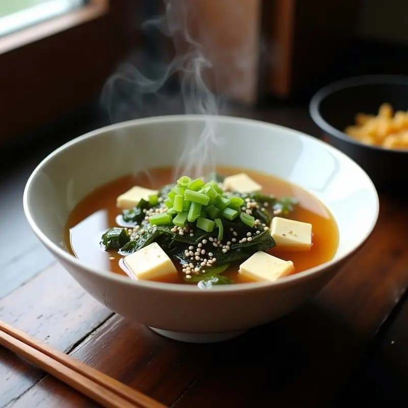 Tazón de cerámica blanca con sopa de miso humeante, trozos de tofu, alga wakame verde, cebolla verde picada y semillas de sésamo, sobre fondo de madera oscura.