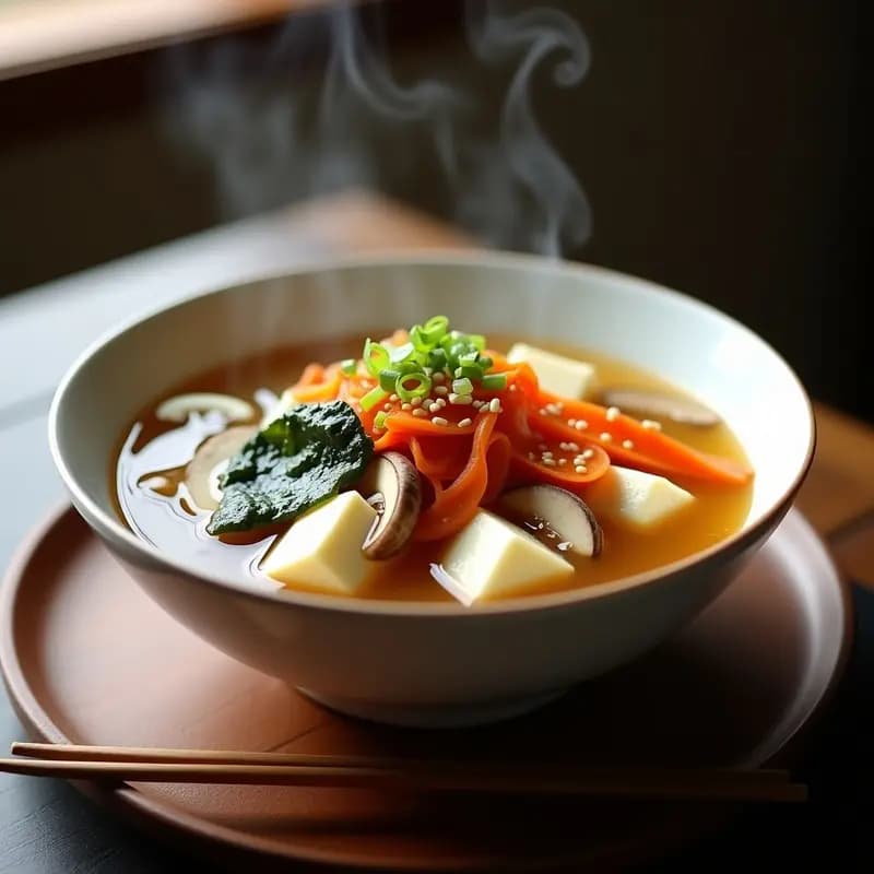 Cuenco de cerámica blanca con sopa de miso humeante, tofu sedoso, kimchi, algas wakame, cebolla verde y semillas de sésamo, sobre mesa de madera oscura.