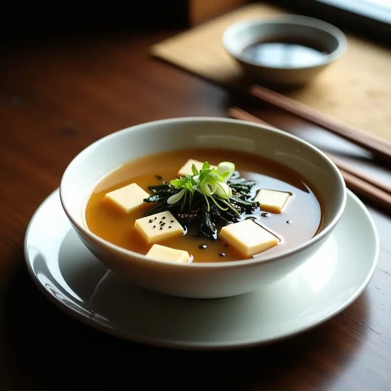 Bol de cerámica blanca con sopa de miso humeante, trozos de tofu silvestre, algas wakame y verniega fresca, decorada con semillas de sésamo y cebollino. Receta japonesa antiestrés.
