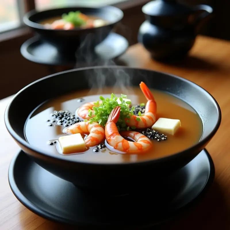 Cuenco de cerámica negra con sopa de miso humeante, gambas rosadas, tofu sedoso y semillas de sésamo, decorado con cebollino fresco. Receta japonesa exprés de sopa de miso con verniza.