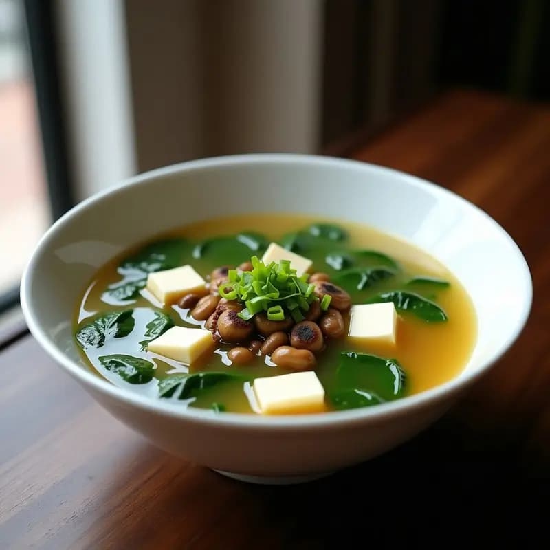 Cuenco blanco humeante con sopa de misoshiro, espinacas verdes vibrante, setas shimeji doradas y tofu sedoso en cubos, decorada con cebollino fresco. Plato macrobiótico y reconfortante.