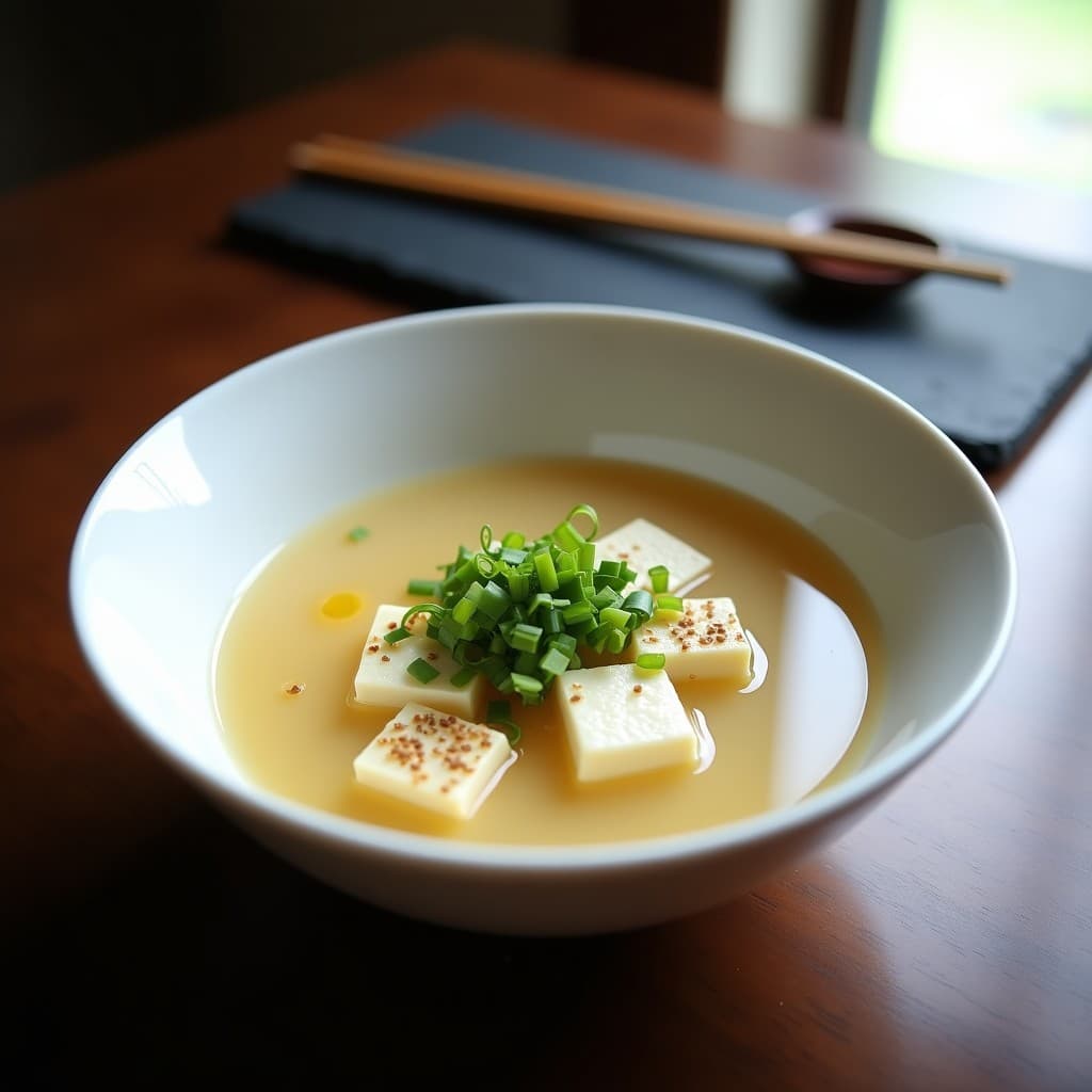 Cuenco blanco de cerámica japonesa con sopa de misoshiro humeante, cubos de tofu sedoso flotando, cebollino picado verde brillante y semillas de sésamo tostadas espolvoreadas. Fondo minimalista con palillos de madera.
