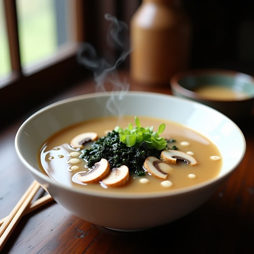 Cuenco de cerámica blanca con sopa Misoshiru humeante, champiñones shitake en láminas, algas wakame verdes y cebollino picado, sobre fondo de madera oscura con palillos japoneses. Receta tradicional japonesa vegana.