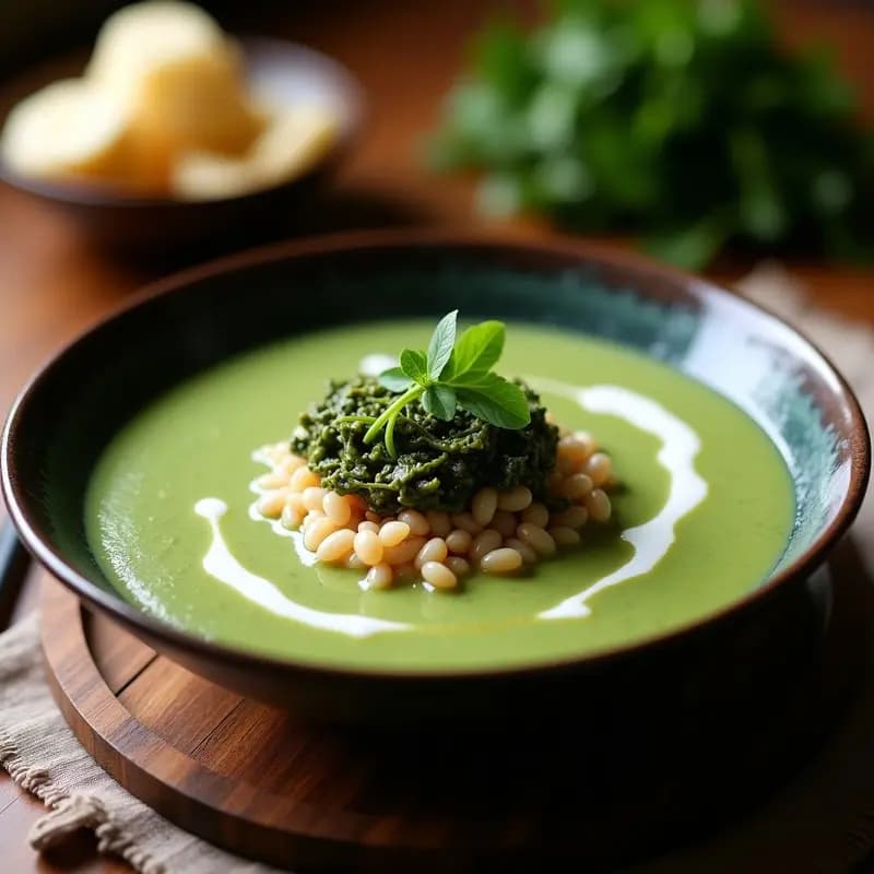 Cuenco hondo de cerámica blanca con sopa de misoshiru humeante, trozos de tofu firme, recortes de hongos shiitake, espirulina verde y semillas de sésamo tostadas. Fondo de madera rústica con cebolla verdeo picado al lado. Receta japonesa superalimentada en 15 minutos.
