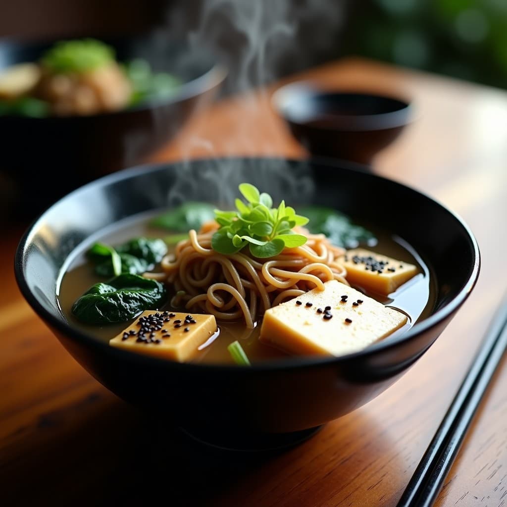 Cuenco hondo de cerámica negra con sopa de misoshiru humeante, fideos soba marrones, tofu sedoso en cubos, espinacas baby verdes y decoración de algas nori, semillas de sésamo negro y cebollino. Receta japonesa vegana y reconfortante.