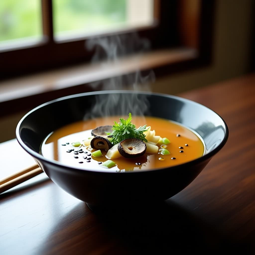 Tazón de cerámica negra con sopa Misoshiru humeante, hongos Reishi en rodajas, algas Wakame verdes, raíz de loto en cubos y semillas de sésamo negro flotando, sobre fondo de madera oscura con palillos japoneses.