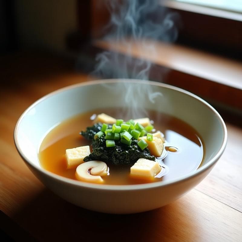 Cuenco de cerámica blanca con sopa de misoshiru humeante, hongos shiitake en láminas, algas wakame verdes, tofu en cubos y cebollino fresco picado. Plato tradicional japonés en olla rápida, con fondo de madera rústica.