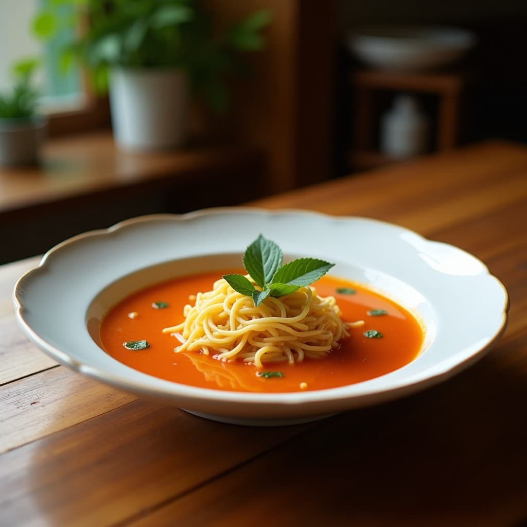 Cuenco de cerámica japonesa con sopa de misoshirú humeante, rodajas de raíz de regaliz, tofu sedoso, zanahoria y algas wakame. Decorado con semillas de sésamo negro y cebollino fresco sobre fondo de madera oscura.