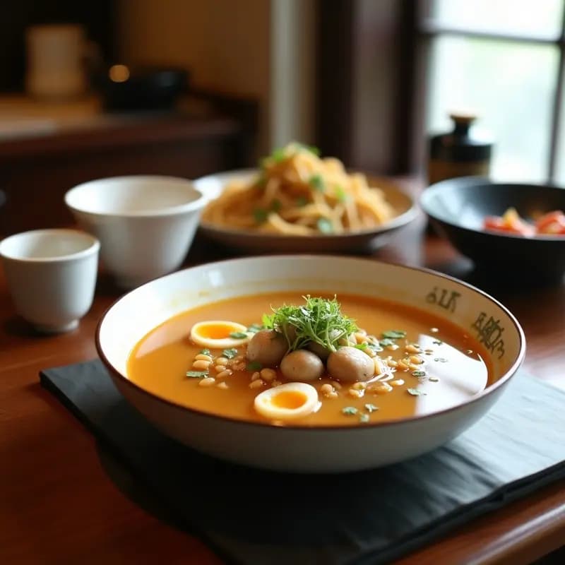 Tazón de porcelana blanca con sopa de misoshiru humeante, huevo al vapor (sharumushi) en el centro, setas shiitake doradas flotando, semillas de sésamo negro y cebollino picado como decoración. Plato japonés reconfortante y elegante.