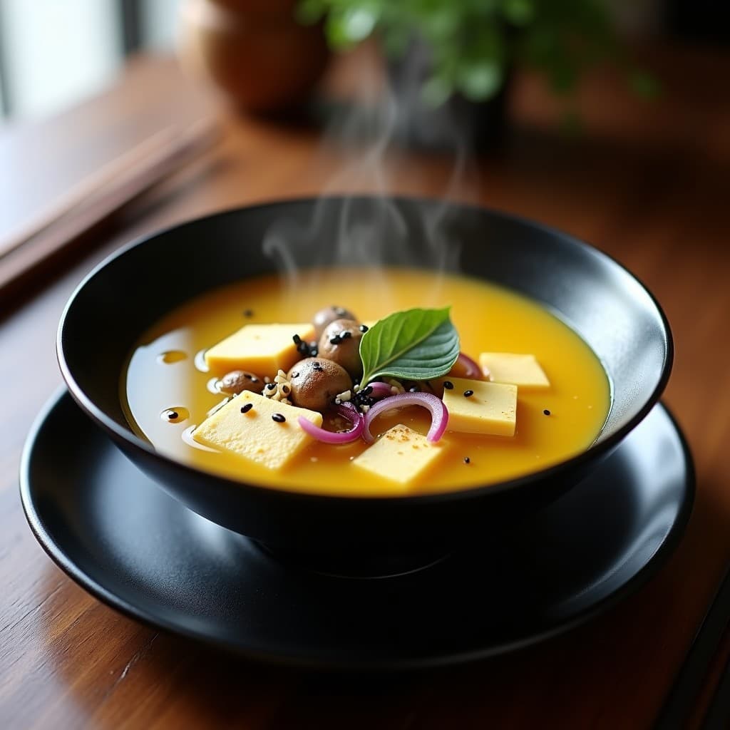 Cuenco negro de cerámica con sopa de misoshiru humeante, tofu sedoso de color dorado por la cúrcuma, trozos de hongo reishi y semillas de sésamo negro. Fondo minimalista con palillos de madera y hoja de shiso verde, receta japonesa antinflamatoria.