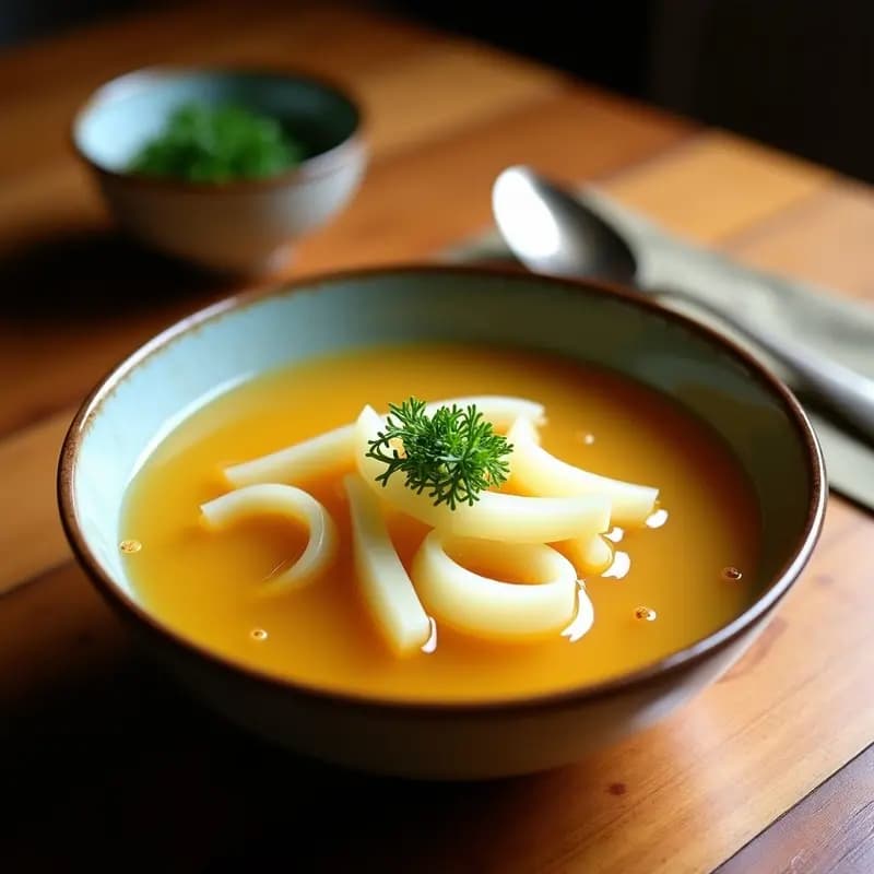 Cuenco de cerámica blanca con sopa Misozuke de melón y jengibre, de color crema claro con toques verdes. Decorada con cubos de melón cantalupo, hojas de shiso moradas y semillas de sésamo tostadas. Fondo de madera clara con palillos japoneses y rodaja de yuzu al lado.