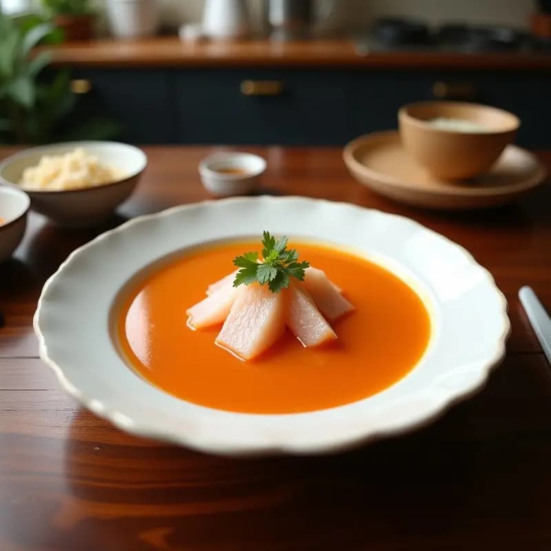 Cuenco de cerámica negra con sopa de misozuke de salmón, trozos de salmón fermentado en caldo dorado con algas wakame, espolvoreado con semillas de sésamo y cebollino, acompañado de rodaja de limón.