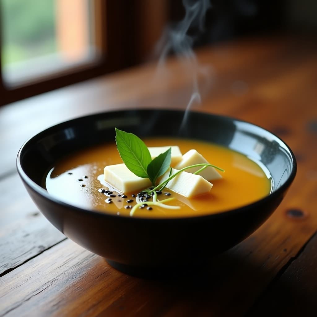 Cuenco hondo de cerámica negra con sopa de Misozuki y Tofu Silken, mostrando el caldo dorado, cubos de tofu sedoso, rodajas de raíz de loto y hojas de shiso verde. Espolvoreado con semillas de sésamo negro. Plato japonés reconfortante preparado en Thermomix.