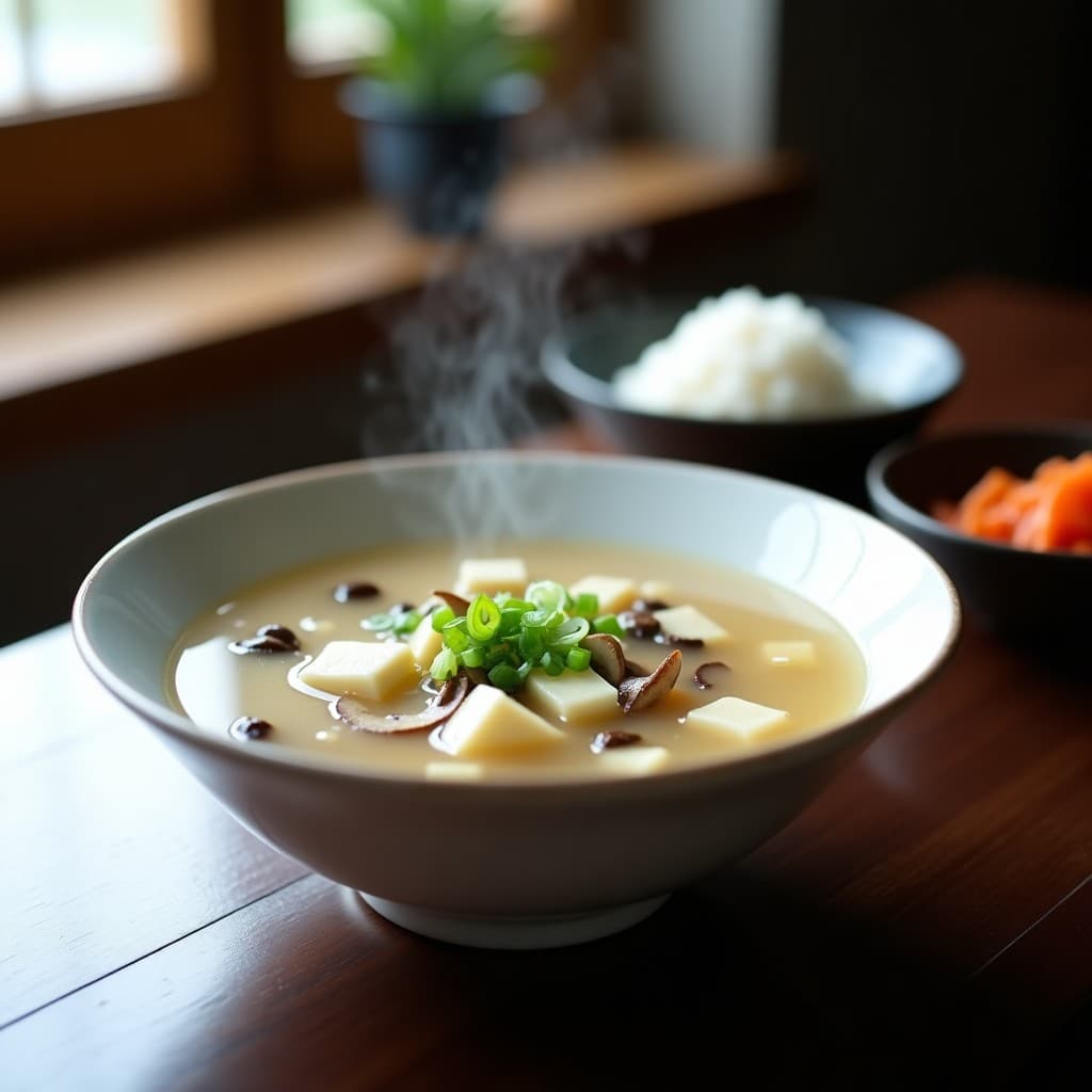 Bol coreano de cerámica blanca con sopa de misso humeante, tofu sedoso, setas shiitake y cebollino fresco, servida en mesa de madera con cuencos de kimchi y arroz al lado.
