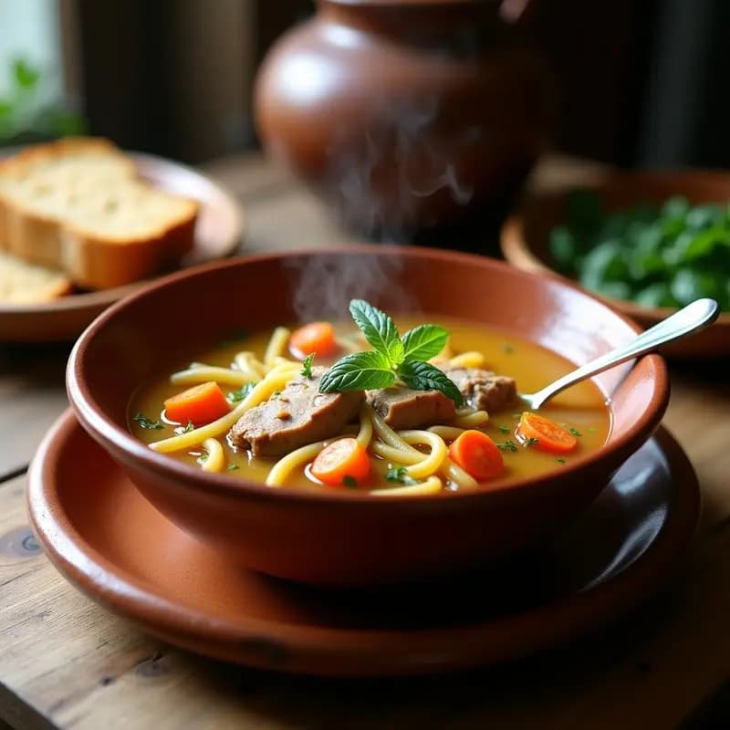 Cazuela de barro humeante con sopa de mondongo en trozos tiernos, fideos finos, zanahoria y hierbabuena fresca, servida en un plato hondo tradicional español.
