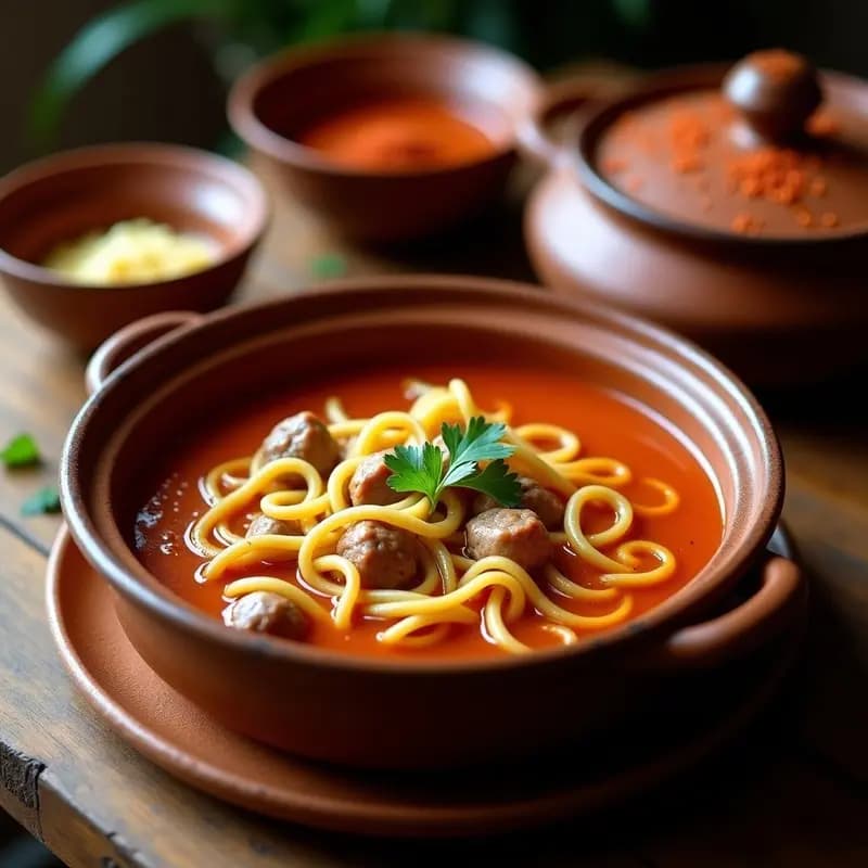 Olla de barro humeante con sopa de mondongo con fideos y pimentón extremeña, servida en cuencos de cerámica con trozos de carne, fideos finos y un toque de pimentón espolvoreado.