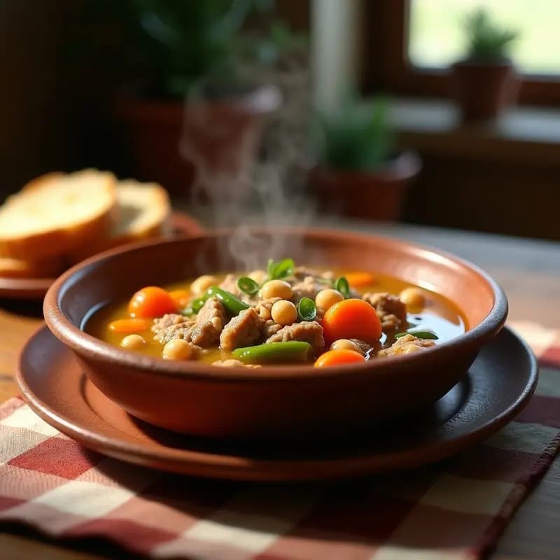 Cazuela de barro humeante con sopa de mondongo extremeña, callos, garbanzos, zanahoria y papa en trozos, espolvoreada con perejil fresco y acompañada de pan tostado, receta rápida en microondas.