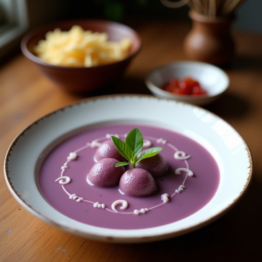 Plato hondo de cerámica blanca con sopa de ñame morado y leche de coco de color violeta intenso, decorada con hojas de cilantro fresco y un toque de pimienta de Jamaica molida. Al fondo, una cuchara de madera y un limón vert cortado por la mitad sobre una mesa de madera rústica.