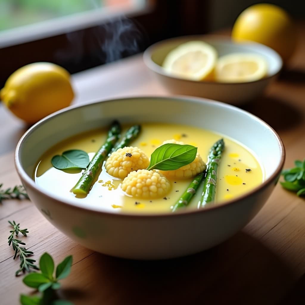 Plato hondo de cerámica blanca con sopa de ñoquis de coliflor esponjosos, espárragos verdes tiernos y un caldo dorado de limón, decorado con anacardos tostados y hojas de albahaca fresca. Receta italiana keto baja en carbohidratos.