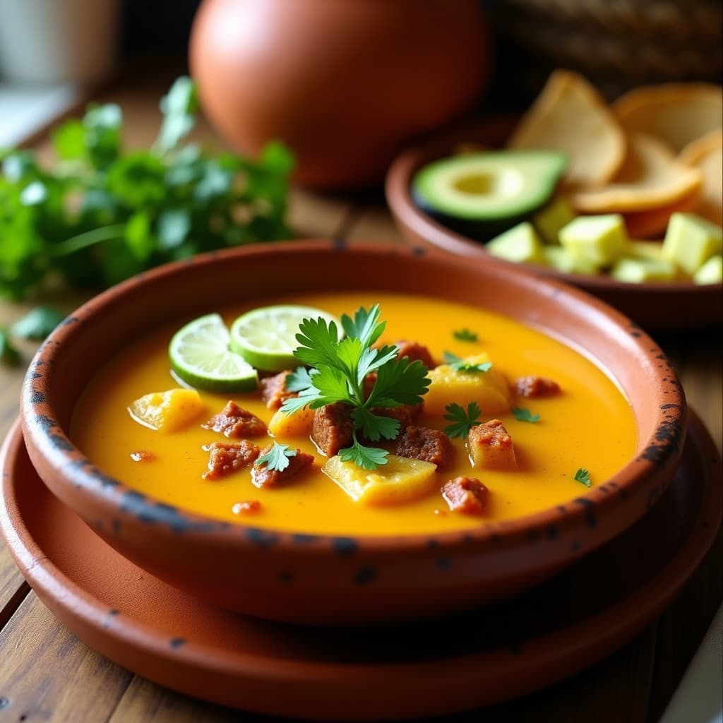 Plato hondo de barro con sopa de pan de maíz y chorizo vegano, espesa y dorada, decorada con cilantro fresco y gajos de limón. Al fondo, trozos de aguacate y tortillas tostadas. Ambiente rústico mexicano con luz cálida.