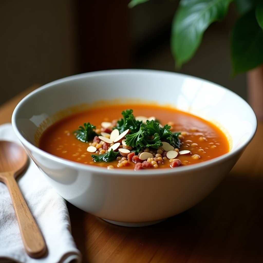 Sopa italiana keto en cuenco de cerámica blanca, con lentejas rojas, trozos de panceta ahumada, escarola verde y almendras fileteadas por encima, servida con una cuchara de madera.