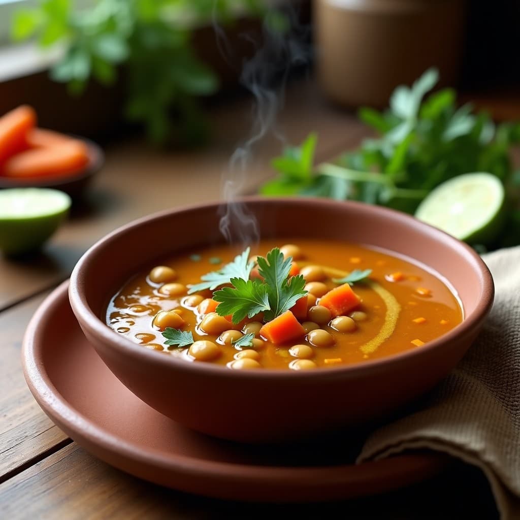 Plato hondo de barro con sopa de panela colombiana, garbanzos negros enteros y trozos de zanahoria, decorada con hierbas provenzales y cilantro fresco. Textura cremosa y color dorado oscuro por la panela.