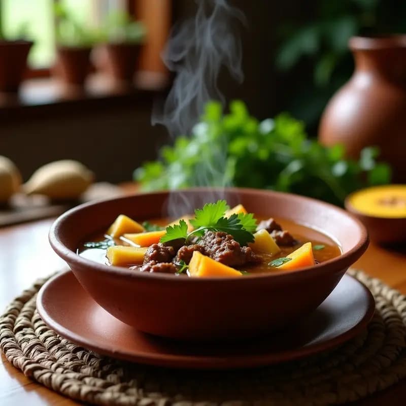 Plato hondo de barro con sopa de pentol colombiana: trozos de yuca, carne de res estofada, plátano verde y zapallo en un caldo espeso y aromático, decorado con cilantro fresco.