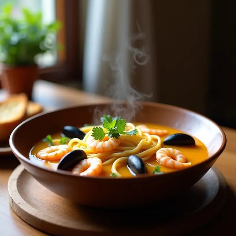Cazuela honda de barro con sopa de pesca y marisco con fideos, caldo dorado, trozos de merluza, gambas rosadas y mejillones abiertos, espolvoreada con perejil fresco. Receta costera tradicional en olla exprés.