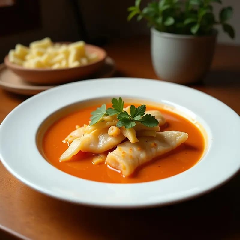 Olla de barro humeante con sopa de pesca vasca, caldo dorado por el azafrán y las ñoras, trozos de pescado de roca y almejas abiertas. Acompañada de rebanadas de pan rústico y perejil fresco picado.