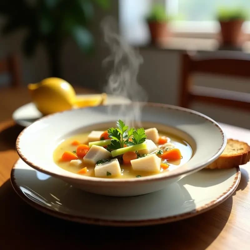 Cuenco de cerámica blanca con sopa de pescado blanco humeante, trozos de merluza, zanahoria, apio y perejil fresco, servida en mesa rústica con limón y rebanada de pan tostado.