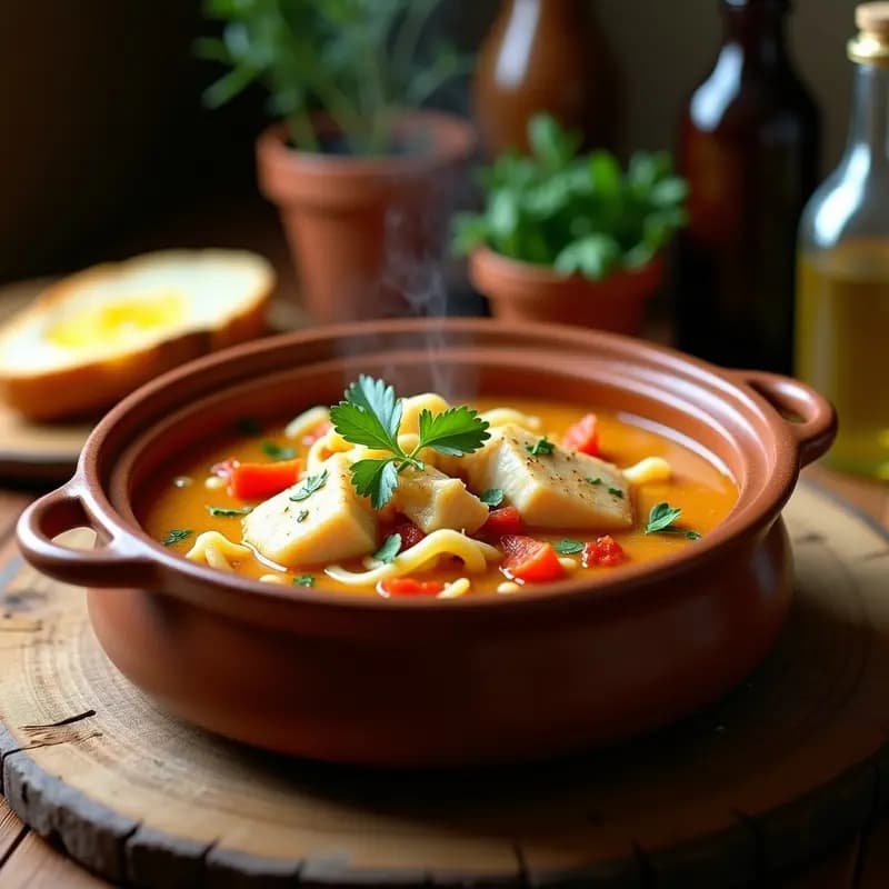 Olla de barro humeante con sopa de pescado con fideos y ñoras, trozos de merluza y rape, fideos finos y un toque de perejil fresco. Plato costero tradicional español servido en cuenco rústico.